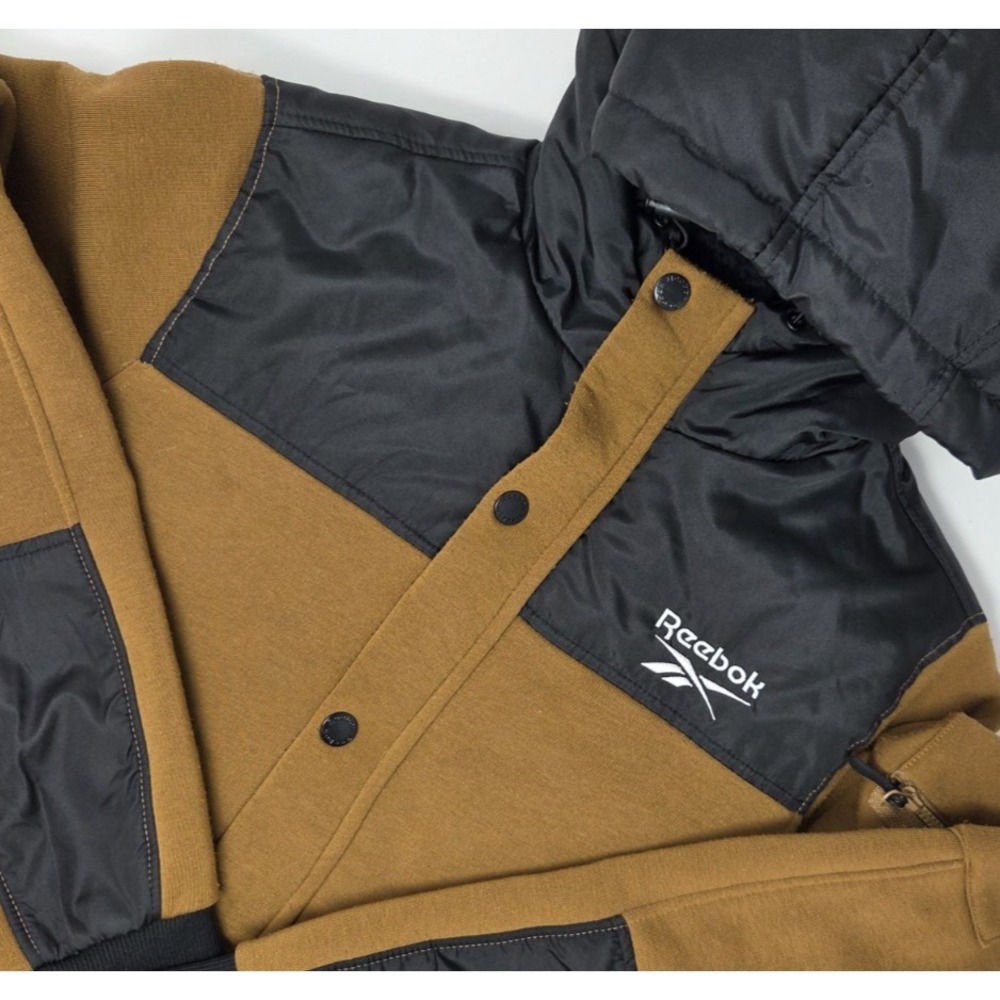 Reebok Men's Medium Hooded Sweater Jacket Brown Black Full Zip Sherpa Lined EUC